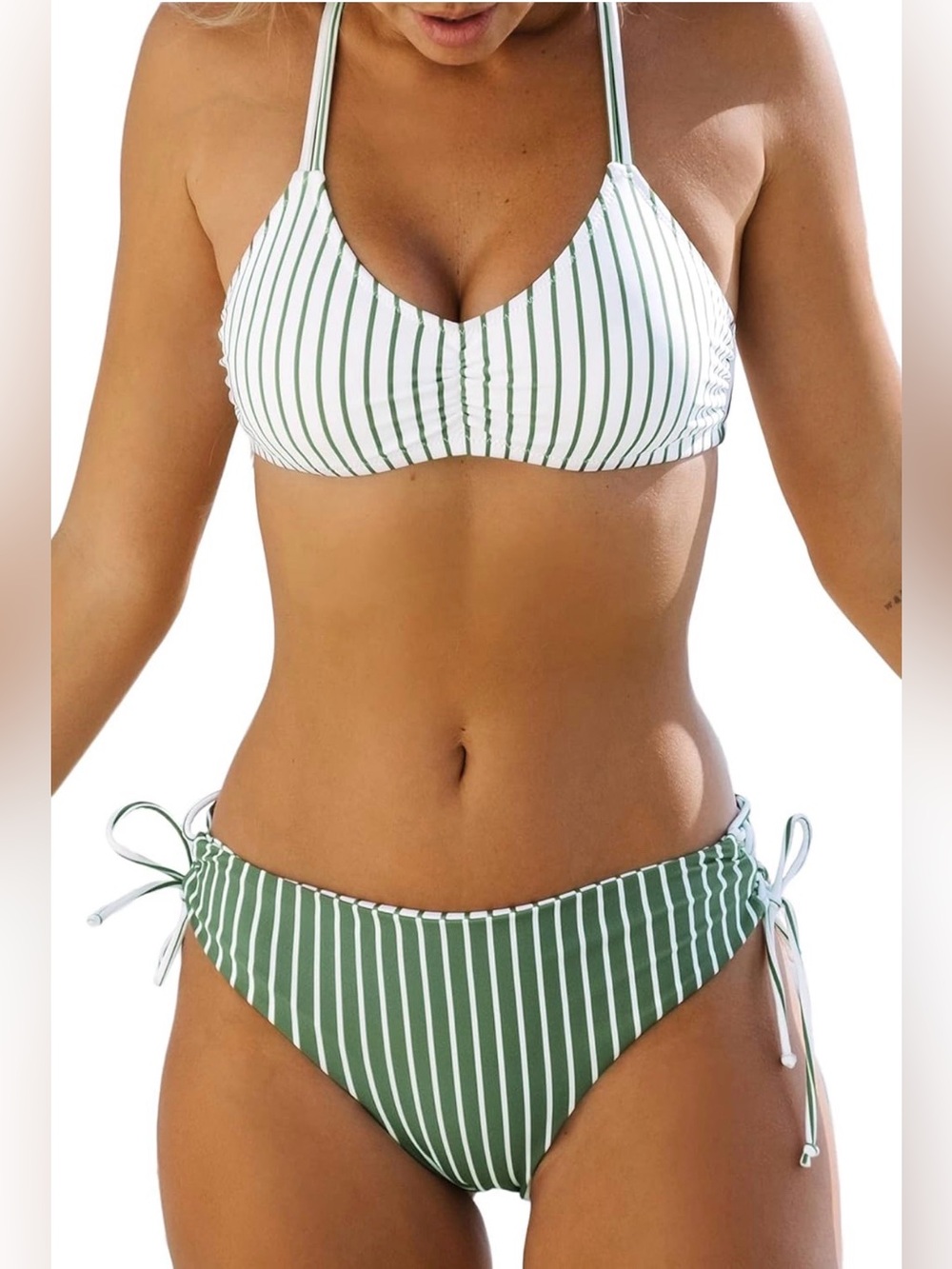 Cupshe Reversible Sage Green White Striped Bikini Set Tie Side Bottom Size Small